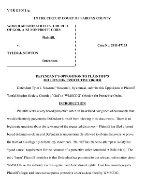 Newton Opposition to WMSCOG Motion for Protective Order – WMSCOG vs Colon, Newton VA #2011-17163