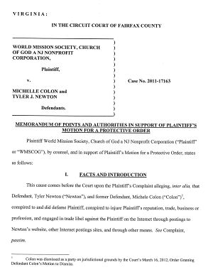 WMSCOG Memorandum in Support of Motion for Protective Order – WMSCOG vs Colon, Newton VA #2011-17163
