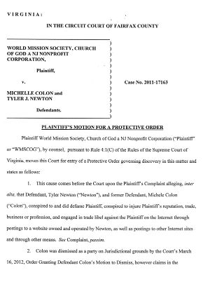 WMSCOG Motion for Protective Order – WMSCOG vs Colon, Newton VA #2011-17163