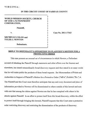WMSCOG Reply to Newton Opposition to WMSCOG Motion for Protective Order – WMSCOG vs Colon, Newton VA #2011-17163