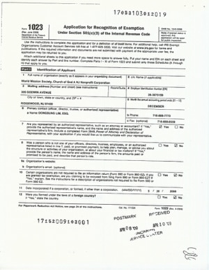 World Mission Society Church of God IRS Tax Exempt Application Ridgewood, NJ