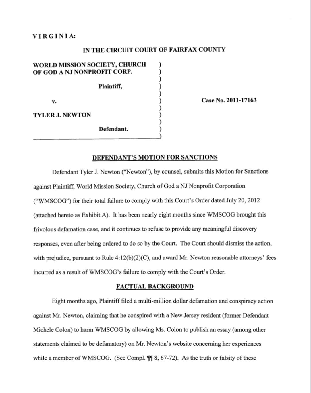 Newton v WMSCOG - motion for sanctions image-VA