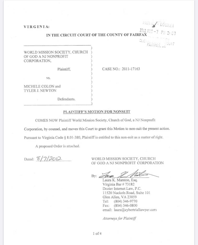 WMSCOG Motion For Nonsuit WMSCOG vs. Colon, Newton VA 201117163 Examining the World