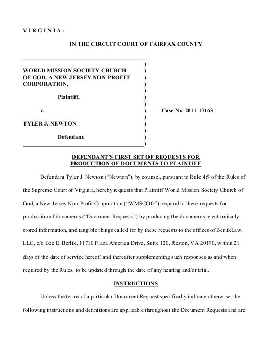 Newton First Set Of Requests For Production Of Documents Wmscog Vs Colon Newton Va 2011 Request For Production Of Documents Template